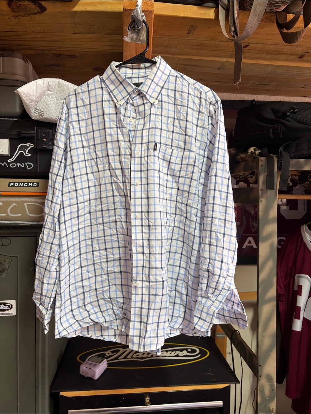 Men's White and Blue Windowpane Long-Sleeve Button-Down Shirt